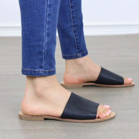 faux Leather Slip on Slider Black Flat Sandals - Picture 3 of 8